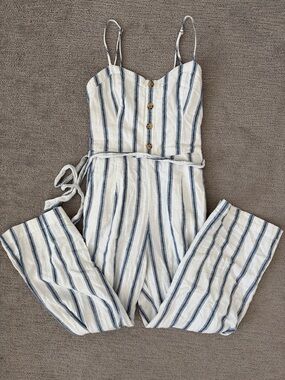 Abercrombie Striped Linen-Blend Wide-Leg Jumpsuit in White & Blue size XS PETITE